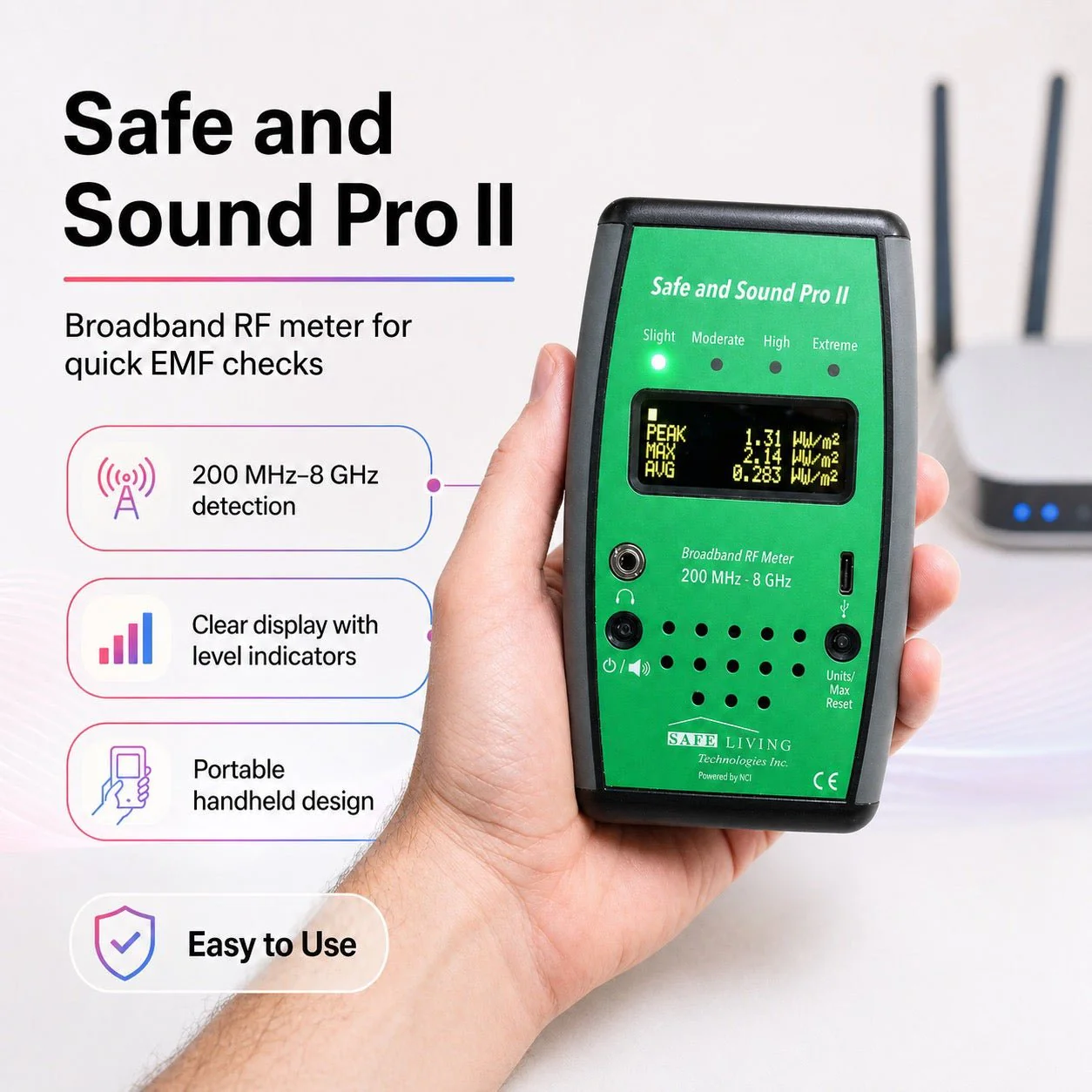 Safe and Sound Pro II RF Meter Rechargeable 200 MHz – 8 GHz